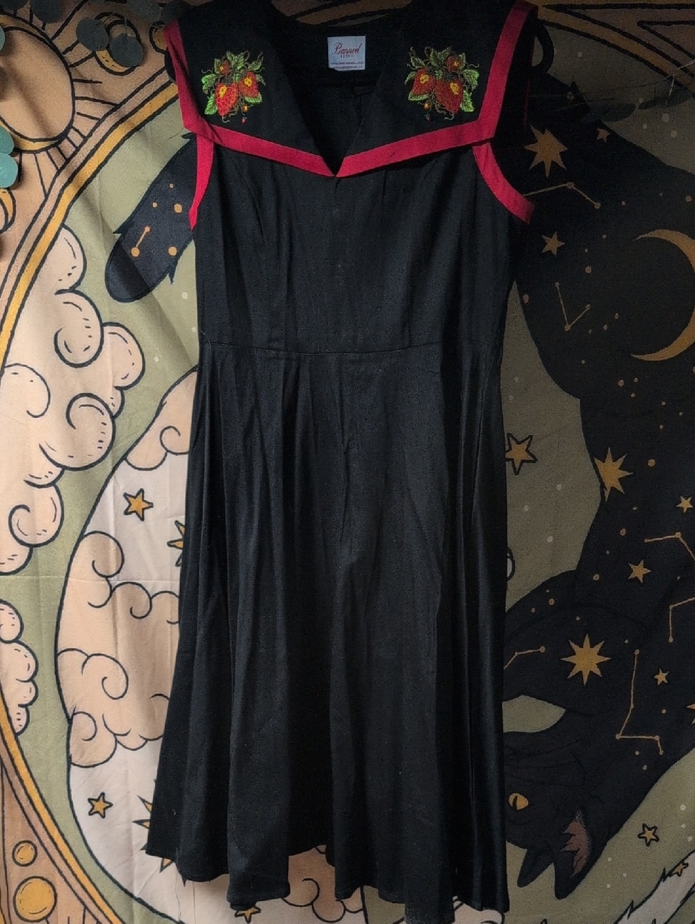 Romantic Black Midi Dress with Pink Trim and Floral Embroidery